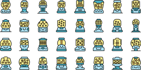 Bubblegum machine icons set outline vector. Candy gum. Ball toy thin line color flat on white