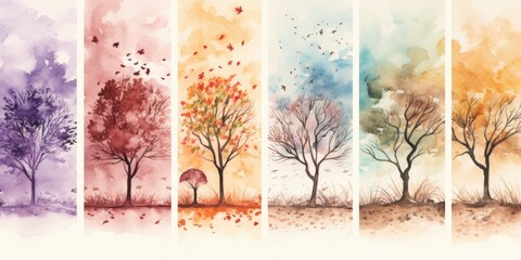 Seasonal Watercolor Journey - Embracing Changing Seasons - Spring, Summer, Autumn, Winter   Generative AI Digital Illustration