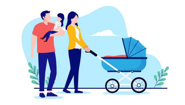 Parents with children walking with kid in hand and baby stroller outdoors. Flat design vector illustration with white background