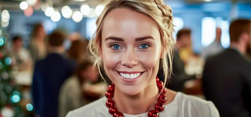 Smiling blonde woman at a busy office Christmas party.