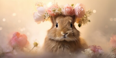 Watercolor Elegance - Bunny with Floral Crown - Graceful Pose - Artistic Beauty    Generative AI Digital Illustration