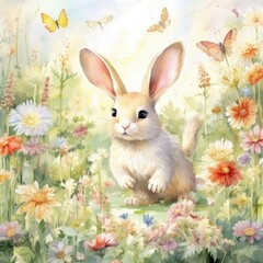 Naklejka na ściany i meble An illustration of a watercolor bunny artwork in a whimsical garden setting Generative AI Digital Illustration