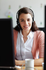 Call center, happy woman and portrait in office communication, virtual support and computer software. Face of young agent, web advisor or person with customer services helping or telemarketing job