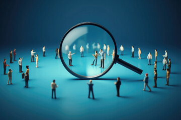Magnifying glass looking for people on blue background. Searching candidates for employment in the labor market - obrazy, fototapety, plakaty