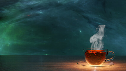Tea and its white steam in a glass cup on a wooden table with blue green nebula in background (3D...
