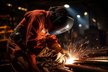 Sparks flying as welders work on metal fabrication in a heavy industrial setting. Generative AI