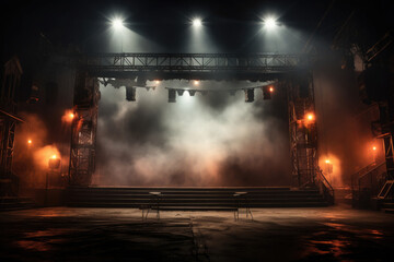 Empty concert stage with illuminated spotlights and smoke. Stage background with copy space
