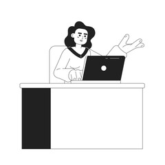 Busy hispanic woman working on laptop 2D vector monochrome isolated spot illustration. Attractive office flat hand drawn character on white background. Hardworking editable outline cartoon scene
