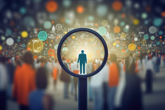 Magnifying glass focused on group of people. Looking for person in crowd. Searching candidate for employment in labor market