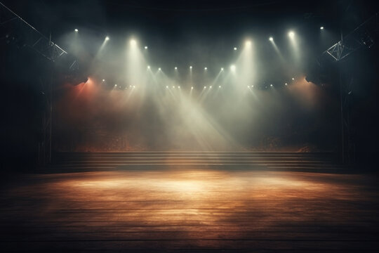 Empty concert stage with illuminated spotlights and smoke. Stage background with copy space