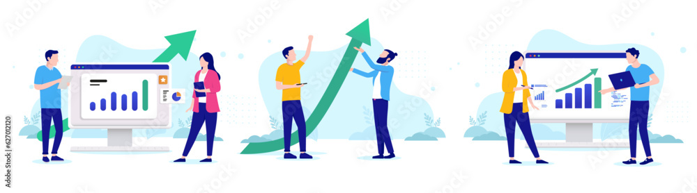 Poster business growth vector collection - set of illustration with businesspeople looking at rising graphs