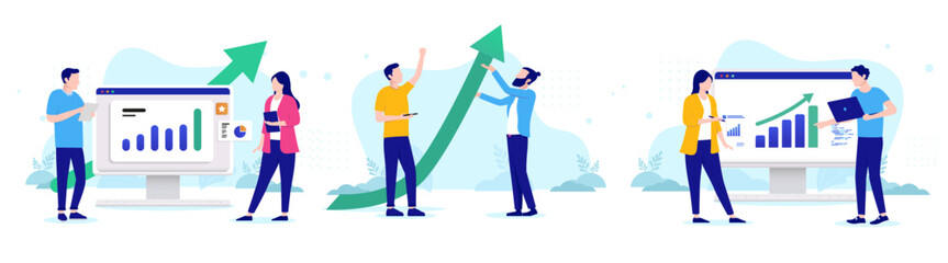 Business growth vector collection - Set of illustration with businesspeople looking at rising graphs and green arrow showing profits and success. Flat design with white background