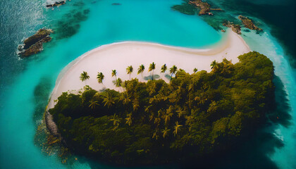 An idyllic drone view of a tropical island, surrounded by crystal-clear turquoise waters, white sandy beaches stretching along the coastline,
Created using generative AI tools