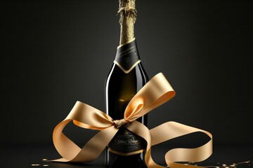 Golden ribbon adorns champagne bottle; splash adds effervescence on dark backdrop. 3D rendering. Generative AI