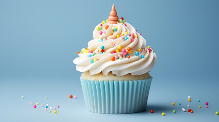 Cupcake, Happy Birthday, Tasty birthday cupcake with white cream icing. Generative Ai
