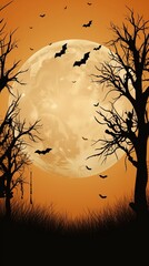 happy Halloween background  pumpkins haunted houses bats  candles trees moon  orange and black background