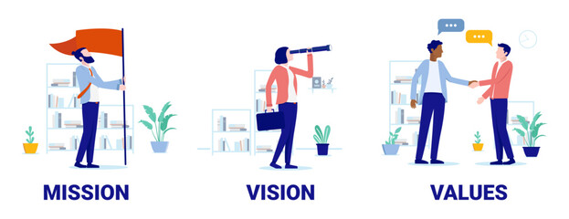 Mission vision and values vector illustration - business concept graphics of people in office representing core values in corporate company. Flat design with white background - obrazy, fototapety, plakaty
