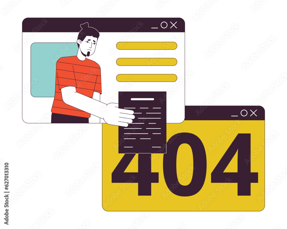 Poster unhappy man hands over blank to browse window error 404 flash message. remote work. empty state ui d