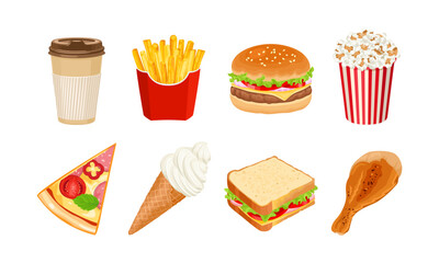 Fast food cartoon illustrations set. Hamburger, pizza, popcorn, coffee in paper cup, french fries, ice cream, sandwich and roasted hot chicken. Takeaway food vector icons.
