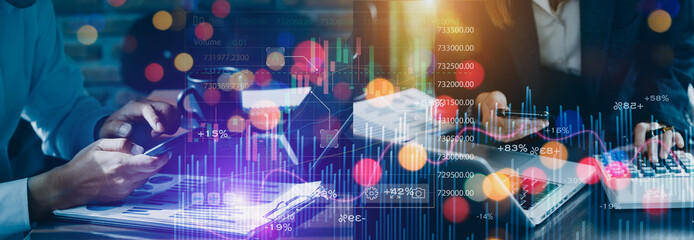Technology and financial advisory services concert. Business teamwork and working on digital laptop computer with advisor showing plan of investment to clients at table office. Digital marketing.