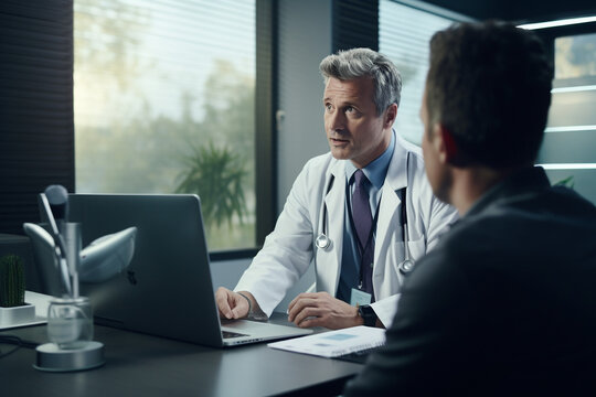 View Over Client Shoulder, Patient In Doctors Office Discussing Medication . High Quality Photo