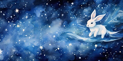 Obraz na płótnie Canvas Catching Watercolor Stars - Celestial Bunny - Starry Night - Magical Encounter Generative AI Digital Illustration