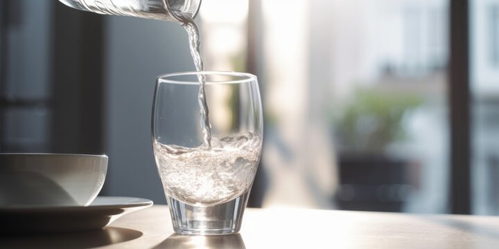 Glass of Water Poured onto White Table in Modern Setting with Open Window