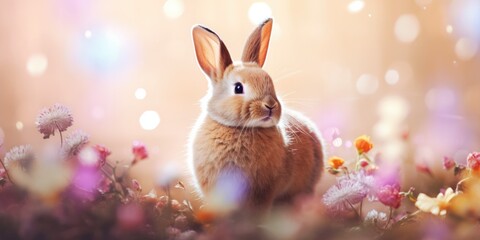 Fototapeta na wymiar Watercolor Bunny and Spring Flowers - Playful Springtime - Colorful Ensemble Generative AI Digital Illustration