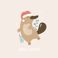 Christmas greeting card with funny platypus in a Santa hat