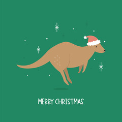 Christmas greeting card with a funny jumping kangaroo in a Santa hat