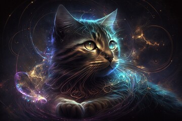 Magical feline with cosmic aura. Tech art. Generative AI