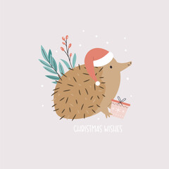 Christmas greeting card with a funny echidna sitting in a Santa hat