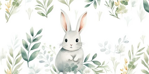 Watercolor Rabbit Seamless Pattern - Cute White Rabbits and Leaves - Wild Animals and Eucalyptus   Generative AI Digital Illustration