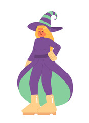 Halloween wicked witch semi flat color vector character. Woman halloween costume. Spooky fairytale. Editable full body person on white. Simple cartoon spot illustration for web graphic design