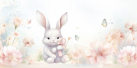 Spring Bunny Watercolor Illustration - Bunny and Flowers in Pastel Tones -   Generative AI Digital Illustration