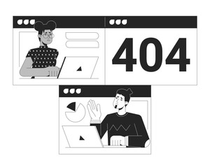 Camera failed on online meeting black white error 404 flash message. Poor connectivity. Monochrome empty state ui design. Page not found popup cartoon image. Vector flat outline illustration concept