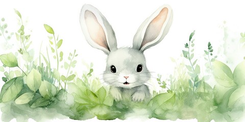 Watercolor Bunny  Charming Watercolor Bunny - Pale Green Illustration - Whimsical Cuteness -  Generative AI Digital Illustration