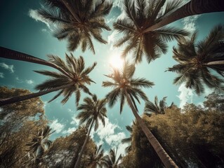 Naklejka na ściany i meble View of palm trees with the sun shining through them. Generative AI