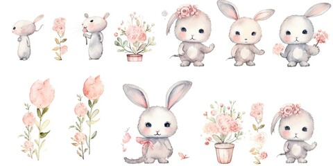 Watercolor Bunny  Watercolor Clipart Bunny - Whimsical Style - Isolated on White - Soft Watercolor Tones   Generative AI Digital Illustration