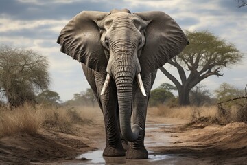 Fototapeta na wymiar Elephant close-up with background trees. (Generative AI)