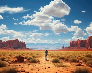 A person stands on a desert landscape with distant mountains. (Generative AI) - 627015985