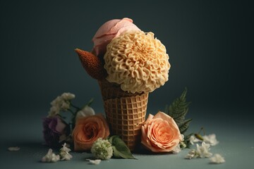 Simple floral ice cream cone for summer. Generative AI