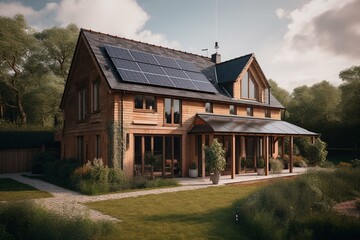 Newly built UK home with solar panels. Generative AI