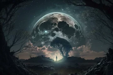 Fotobehang Volle maan en bomen The moon I saw in my dreams. Generative AI