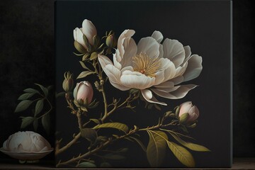 A pale blossom set on a dark canvas. Generative AI