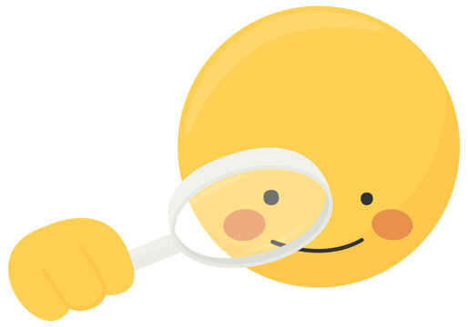 recommend clip art: Happy smiley emoji face with a magnifying glass in hand, over eye and big smile.
                    Cute yellow emoticon holding a hand lens, jeweler's loupe, inspection and reading glass, lens magnifier. Png, Vector