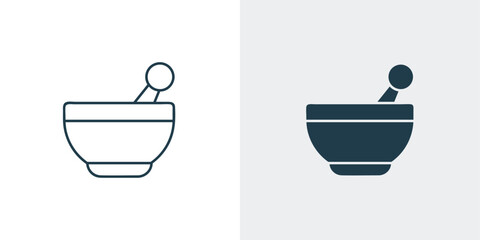 Mortar and pestle icon vector. Outline illustration of a bowl and spoon