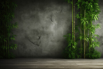Green bamboo stems against concrete grey wall, Generative AI