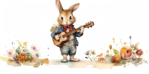 Watercolor Bunny  Premium Watercolor Art - Adorable Rabbit as a Painter - Children's Style - Playfully Dressed   Generative AI Digital Illustration