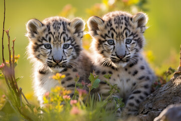 Two young snow leopard cubs in a field of wildflowers. The cubs are sitting side by side and looking directly at the camera